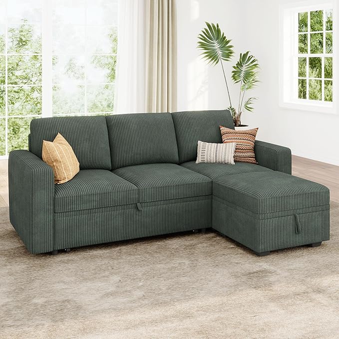 HONBAY Modular Sectional Sleeper Sofa with Pull Out Bed, L Shaped Sofa with Storage, Modular Sectional Couches for Living Room, Green