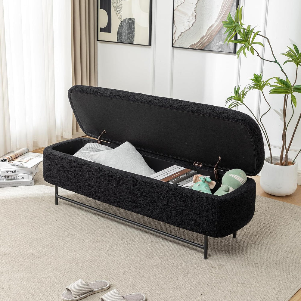 56" Boucle Storage Bench for Bedroom, Upholstered Teddy Ottoman Bench, M...