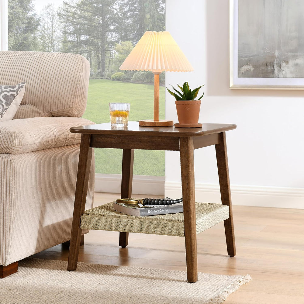 NewCosmos 23" Mid-Century Side Table with Woven Shelf, Boho Side Table w...