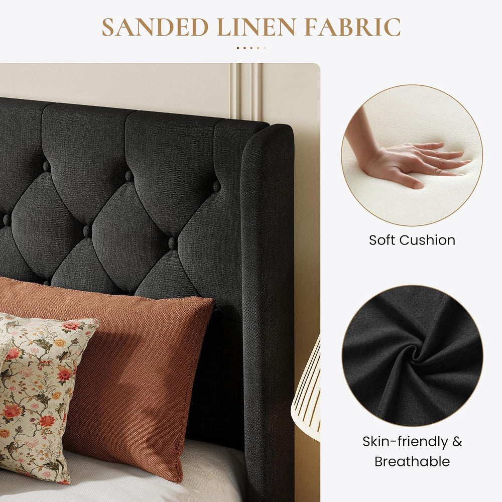 SHA CERLIN Queen Upholstered Bed Frame, Button Tufted Design, Black