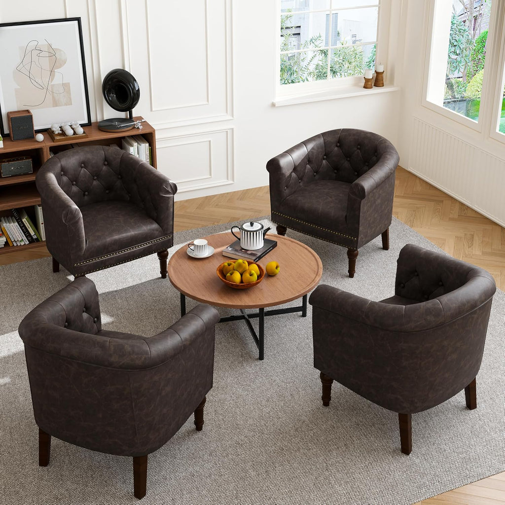 Faux Leather Barrel Accent Chair with Nailhead, Chocolate, Set of 1 | Low-Back Design | Solid Wood Frame & Legs | High-Density Foam Seat | For Living Room, Bedroom, Reception & Office