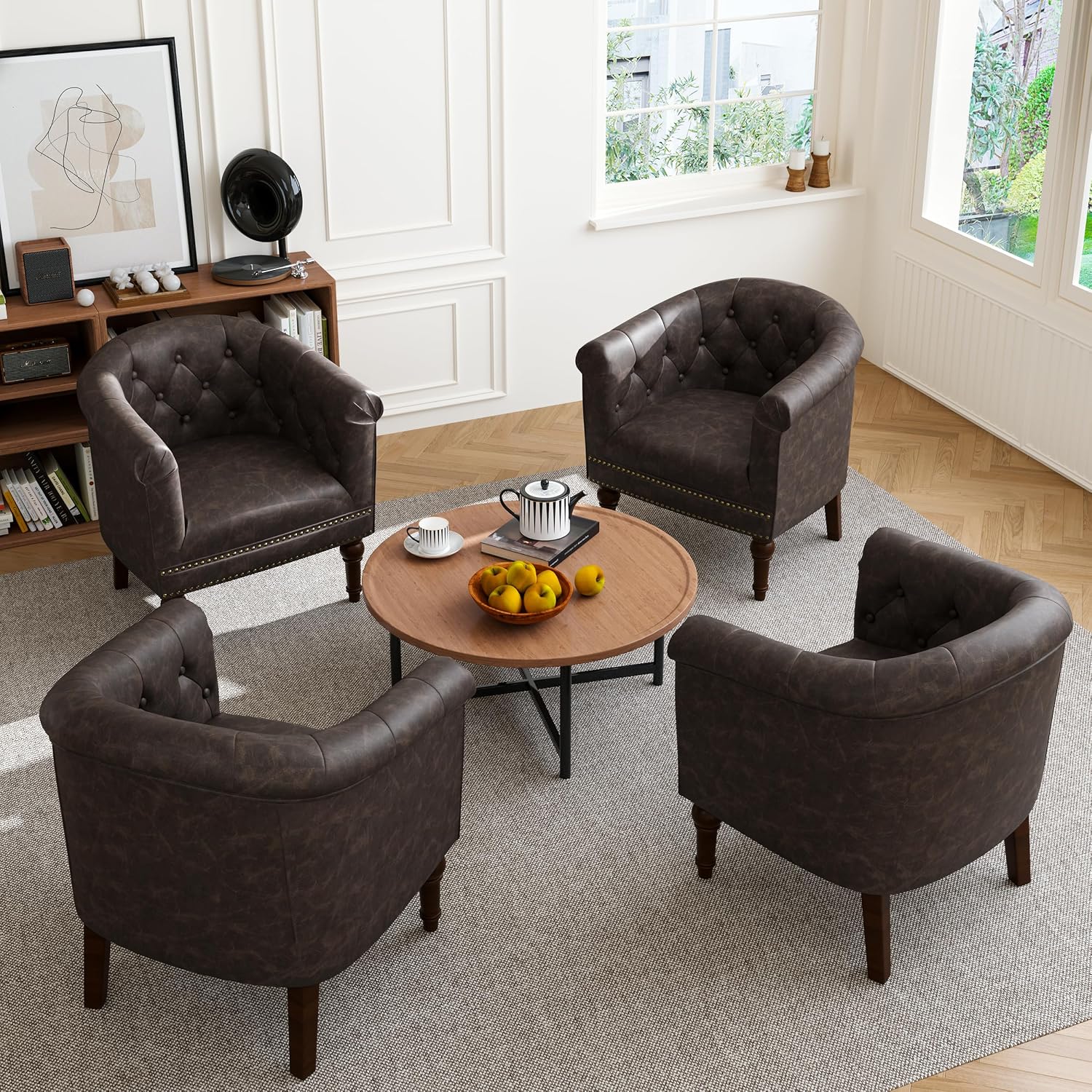Faux Leather Barrel Accent Chair with Nailhead, Chocolate, Set of 1 | Low-Back Design | Solid Wood Frame & Legs | High-Density Foam Seat | For Living Room, Bedroom, Reception & Office