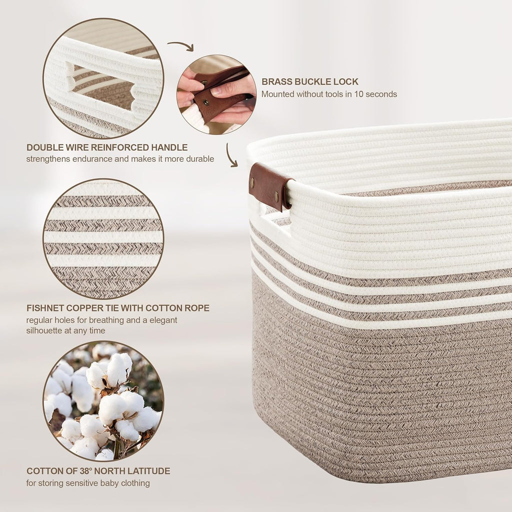 86L Extra Large Laundry Basket with Leather Handles for Living Room Storage, Woven Rope Baskets for Blanket, Kids Toy, Gifts, Wicker Hamper for Bedroom Dirty Clothes, 24"x16"x14" White Brown