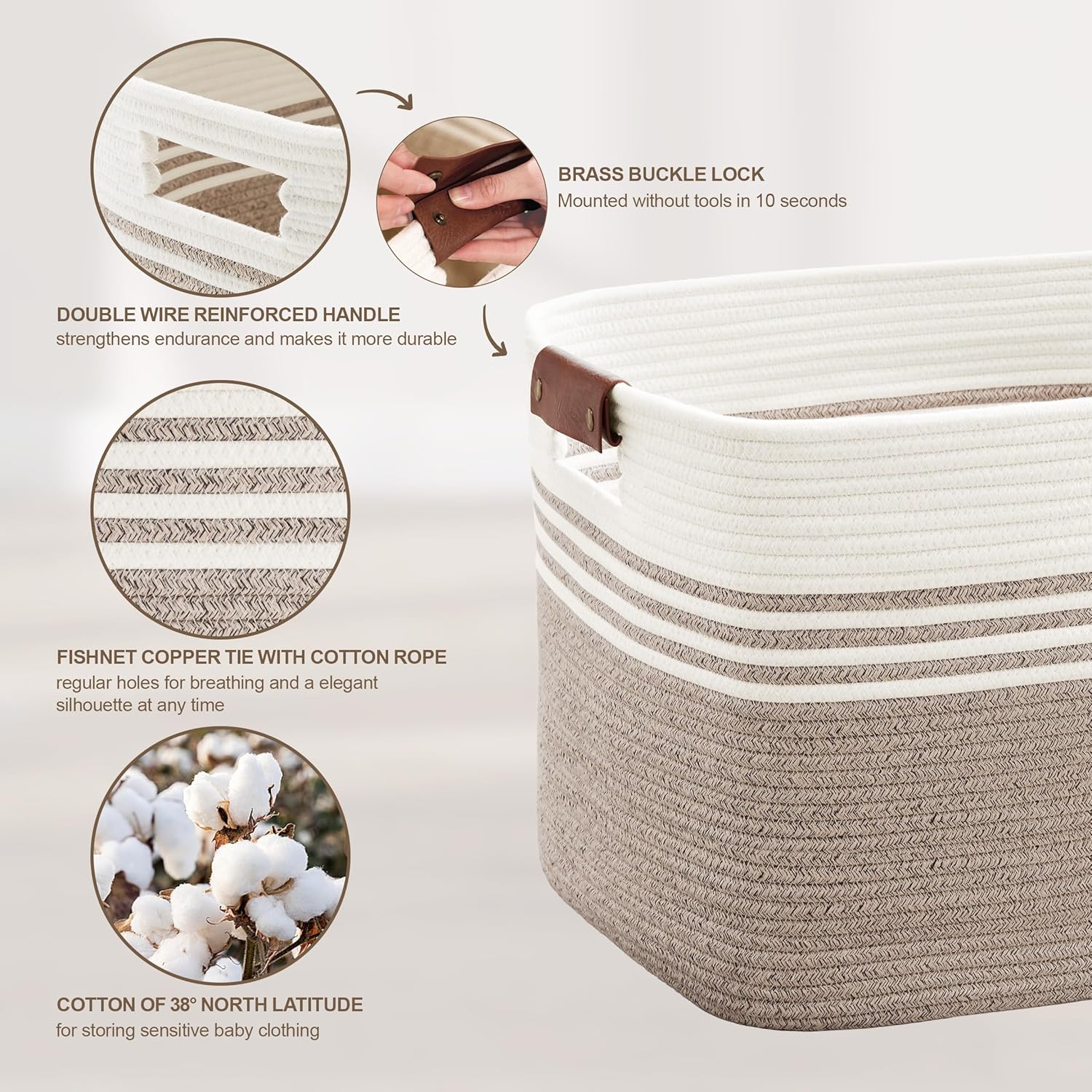 60L Large Laundry Basket with Leather Handles for Living Room Storage, Woven Rope Baskets Bin for Blanket, Kids Toy, Gifts, Wicker Hamper for Bedroom Dirty Clothes, White Brown