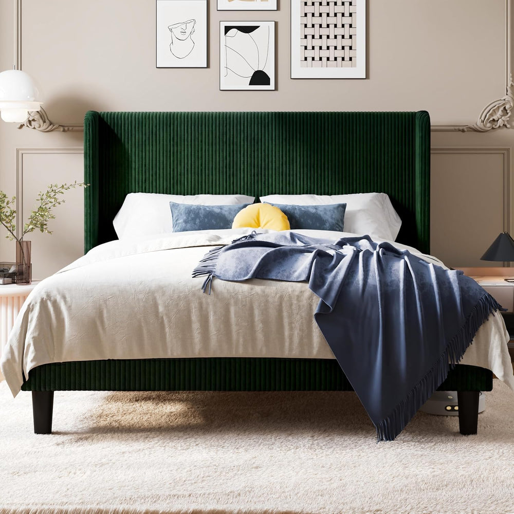 Allewie Full Size Platform Bed with Corduroy Wingback Headboard, Green