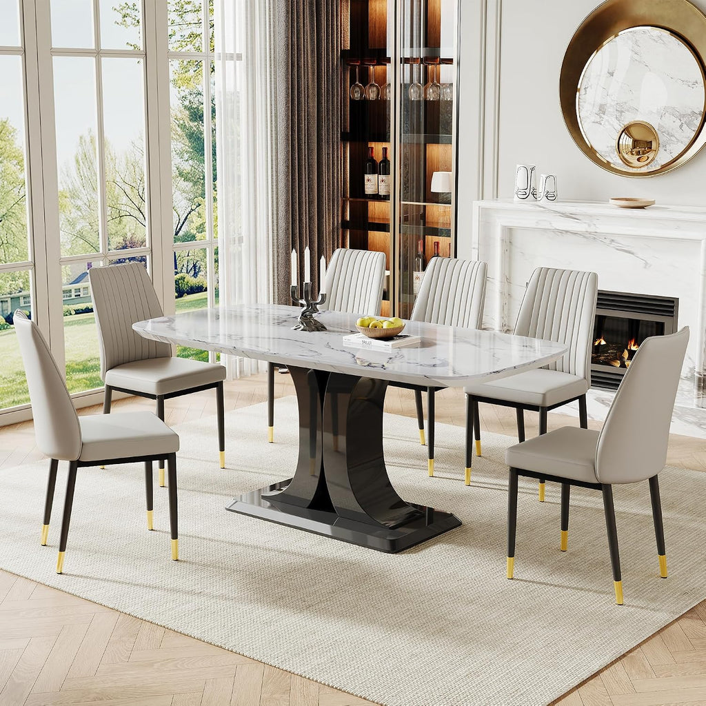 Modern Dining Table Set for 6, Marble Kitchen Table Chair Set for 6, Rectangular Kitchen Table with 6 Pu Leather Upholstered Chair for Dining Room