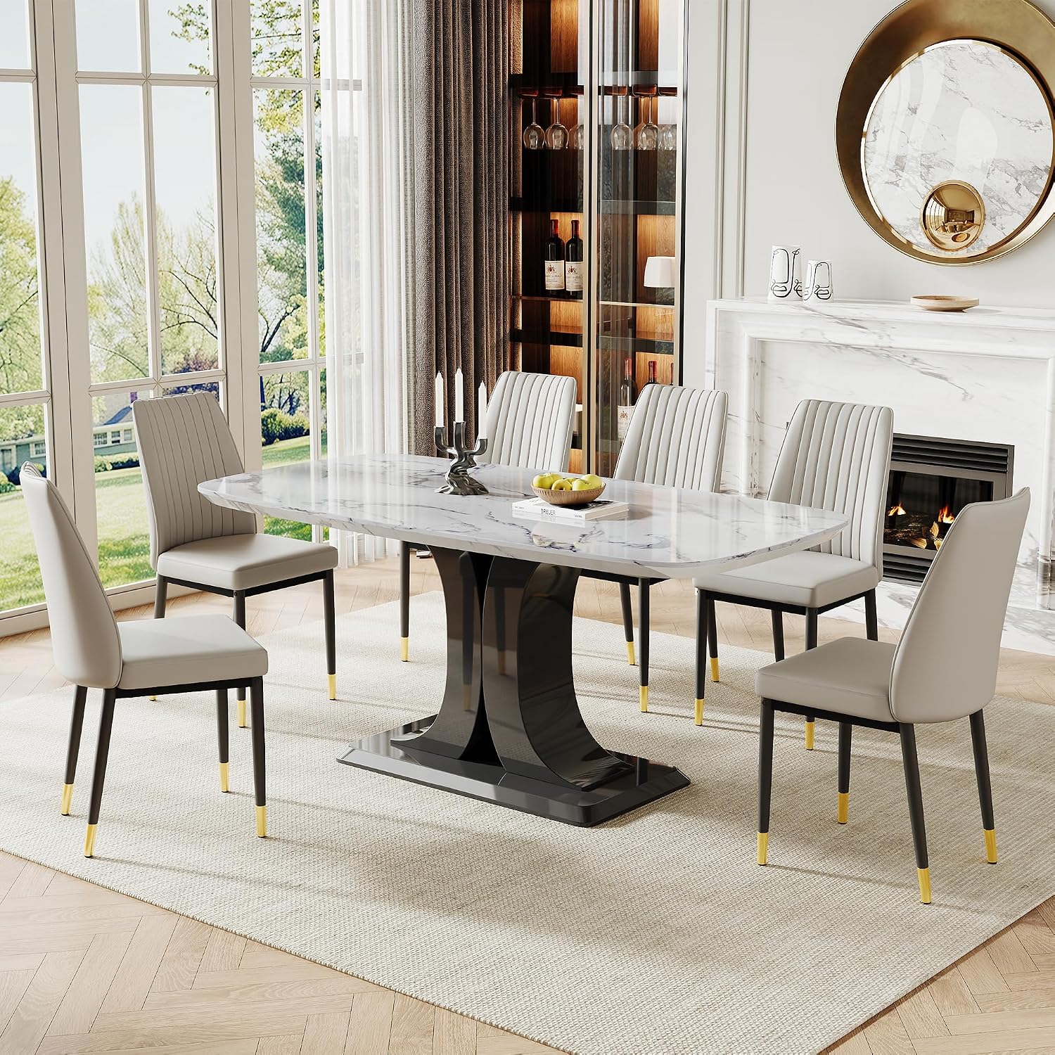 Modern Dining Table Set for 6, Marble Kitchen Table Chair Set for 6, Rectangular Kitchen Table with 6 Pu Leather Upholstered Chair for Dining Room