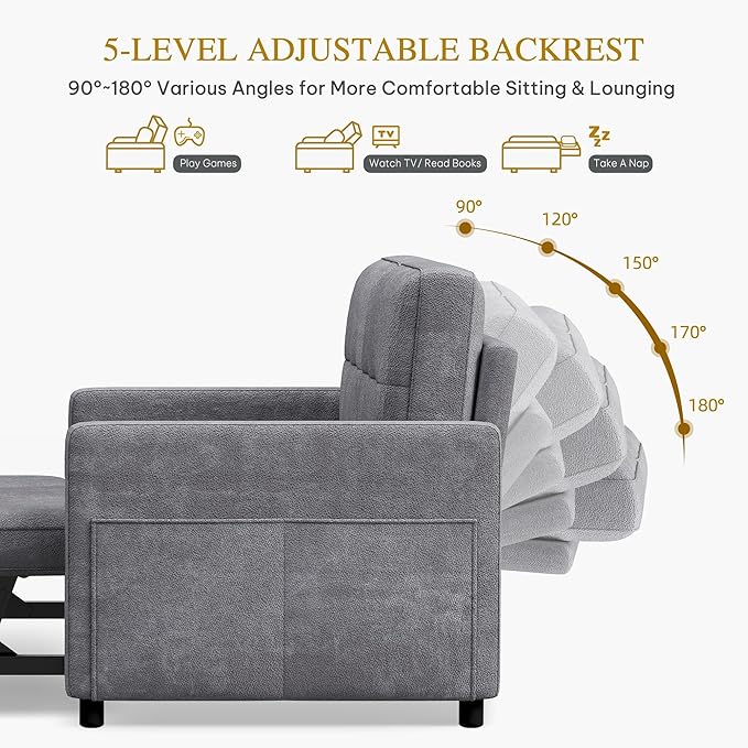 DWVO 55" Convertible Sofa Bed, 3-in-1 Sleeper Sofa with Pull-Out Couch, Velvet Futon Couch with Adjustable Backrest and USB, Modern Loveseat for Living Room Apartment, Light Grey