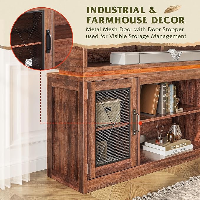 WLIVE Farmhouse TV Stand for TVs Up to 65 Inches, Tall Entertainment Center with Storage Cabinets & LED Lights, Media Console for Living Room, Bedroom, Home Theater, Rustic Brown