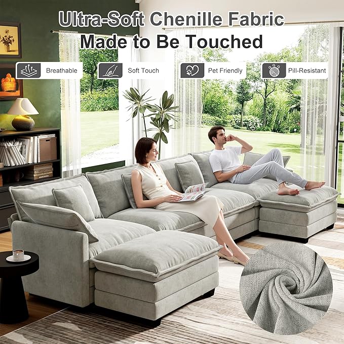 146" Cloud Couch Sectional, U Shaped Modular Sectional Sofa, 4-Seat Deep Seat Couch with 6 Removable Washable Pillows and 2 Ottoman for Living Room, Bedroom, Apartment, Light Grey