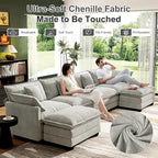 146" Cloud Couch Sectional, U Shaped Modular Sectional Sofa, 4-Seat Deep Seat Couch with 6 Removable Washable Pillows and 2 Ottoman for Living Room, Bedroom, Apartment, Light Grey