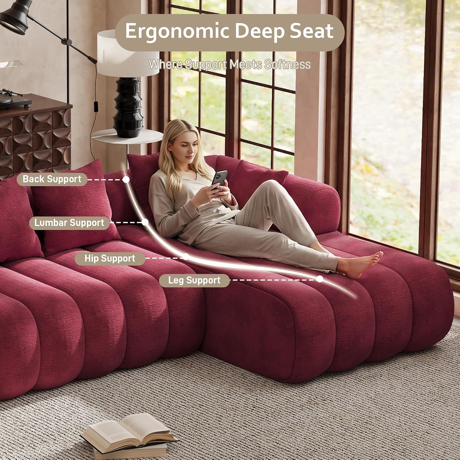 111" Modern Boneless Couch, Chenille Modular Cloud Couch for Living Room, Deep Seat Sectional Sofa with Chaise Lounge, No Assembly Required, Red