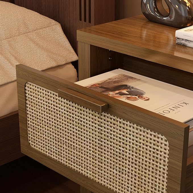 Rattan Nightstand, Mid Century Modern Bedside Table with Opening Storage,Larg...