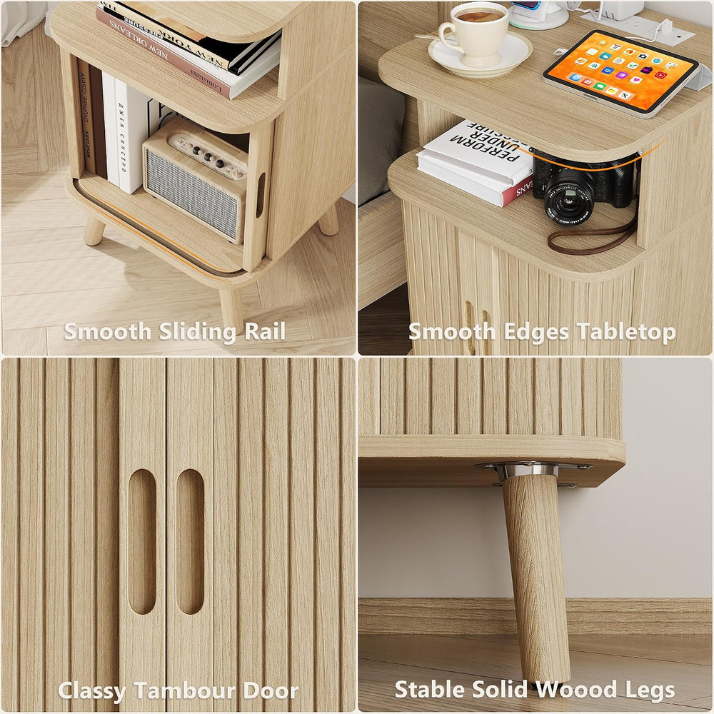 Alohappy Fluted Nightstands Set of 2 with Charging Station, Mid Century Moder...