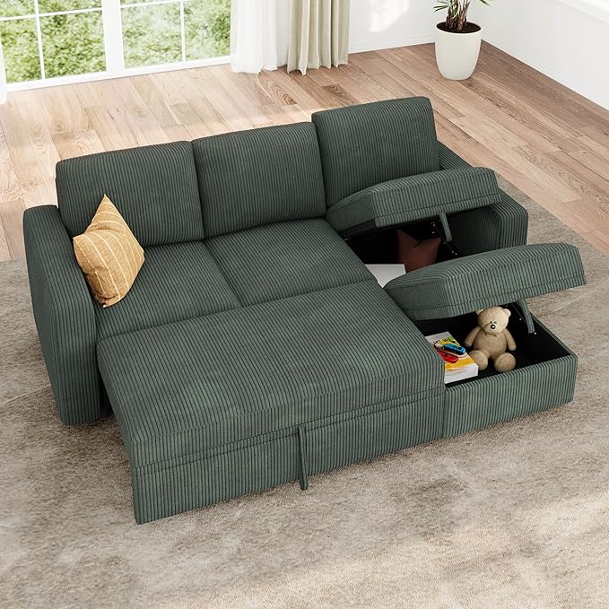 HONBAY Modular Sectional Sleeper Sofa with Pull Out Bed, L Shaped Sofa with Storage, Modular Sectional Couches for Living Room, Green