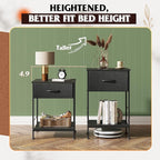 WLIVE Night Stand Set 2, Black Nightstand with Fabric Storage Drawer and Open Wood Shelf, Nightstand Set of 2 with Steel Frame, Side Table for Bedroom, Dorm, Charcoal Black, 25.03" Height