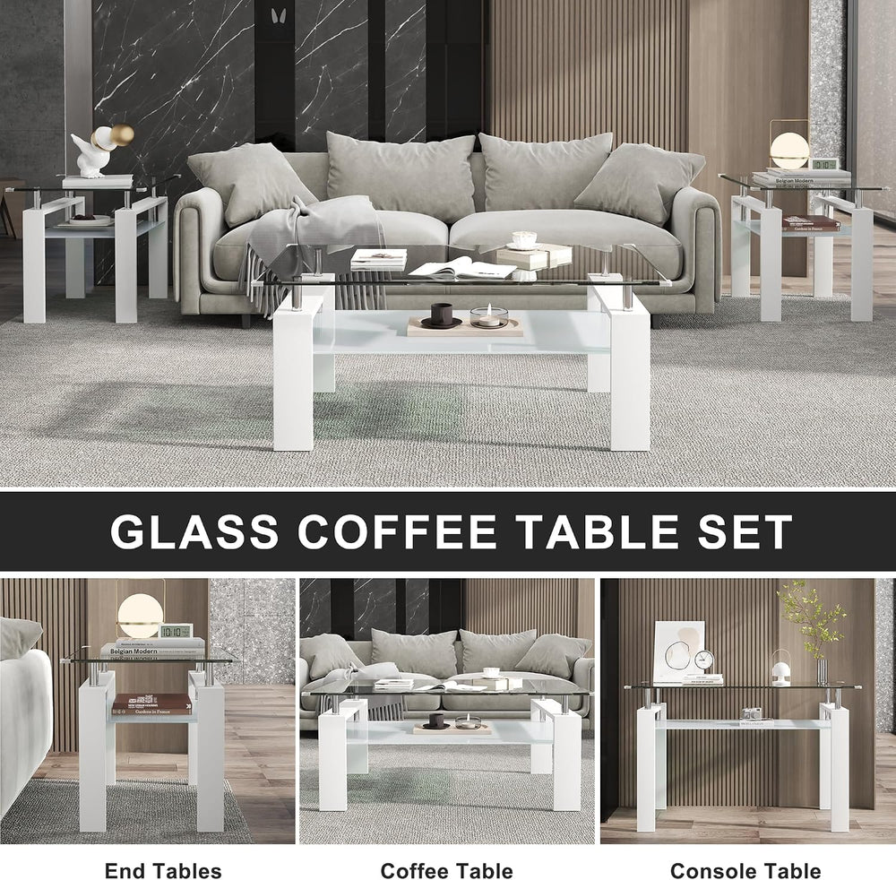 Rectangle Glass Coffee Table Set of 3,2-Tier Modern Glass Living Room Set Inc...