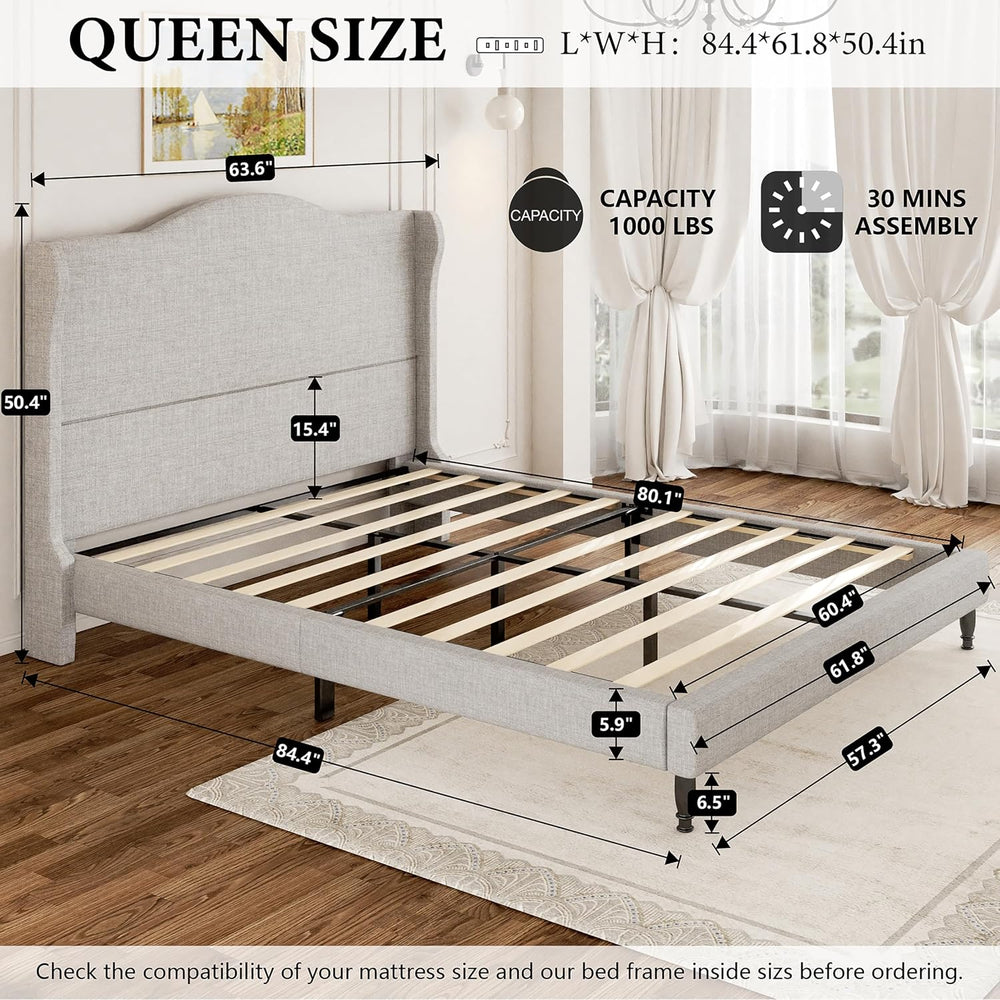 Tall Headboard Queen Bed Frame, Beige