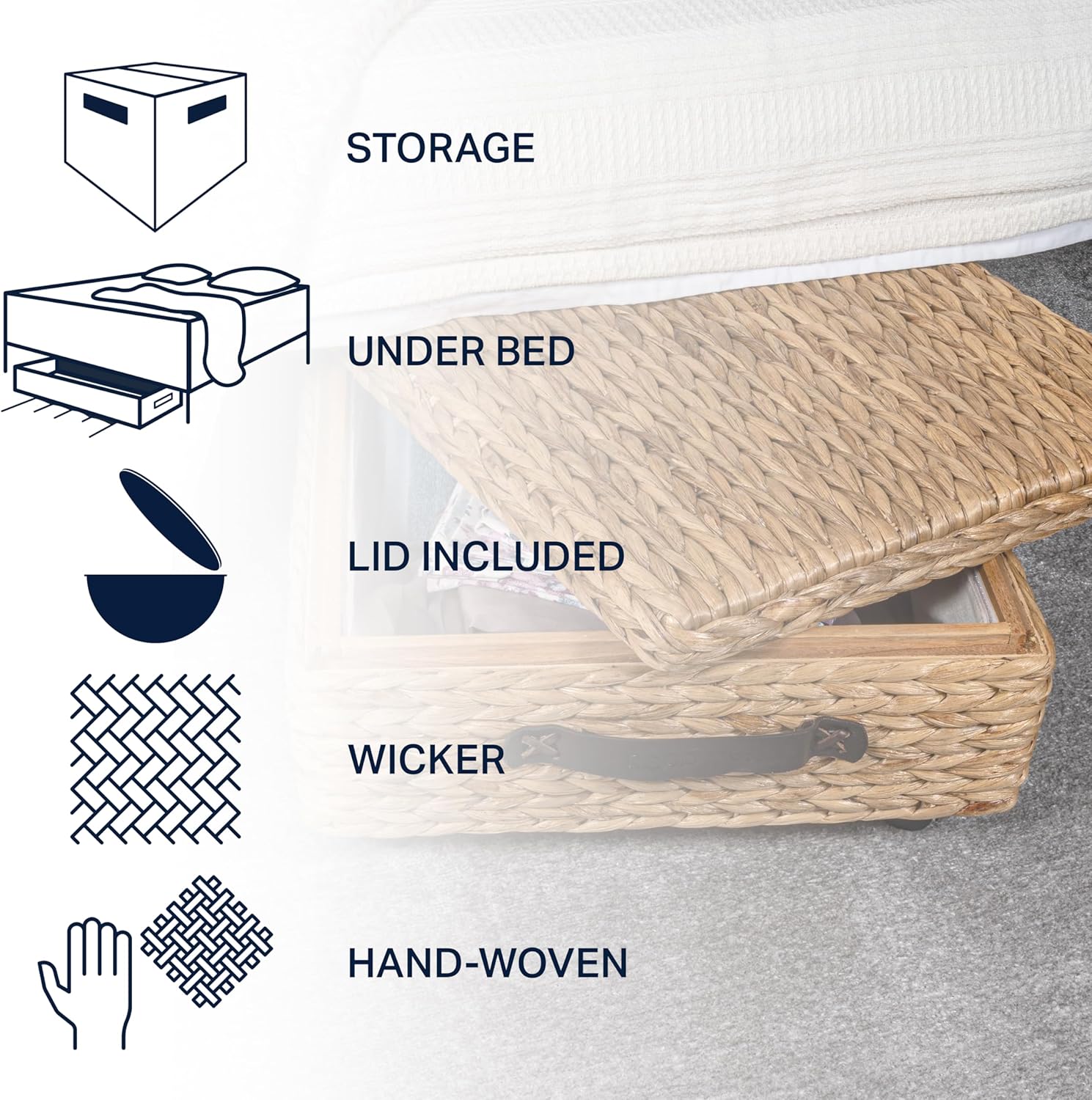 happimess BSK1006A 26.38" Chett Minimalist Hand-Woven Hyacinth/Wood Underbed Storage Bin with Wheels and Handles for Storage and Decoration in Bathroom, Bedroom, Closet, Entryway, Guest Room, Natural