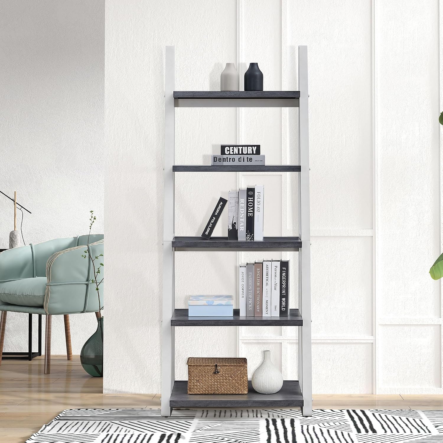 roomfitters 5-Tier Shelves, Modern A-Frame Ladder Bookshelf, Wooden Leaning Decorative Storage Display Rack, Grey and White