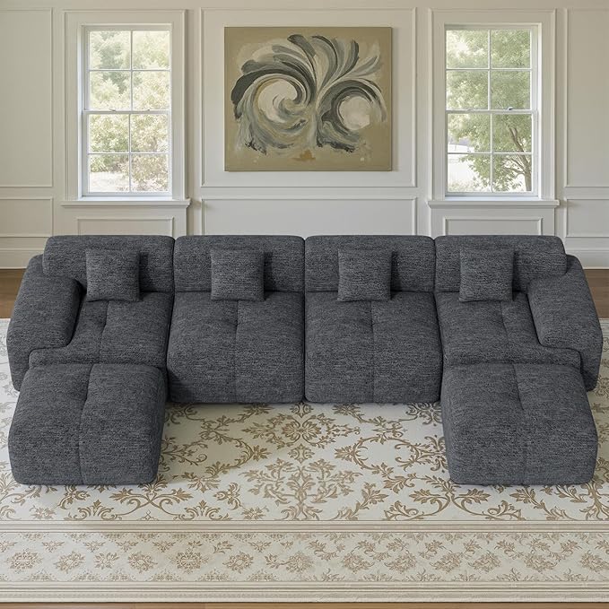 158" U Shaped Convertible Modular Couch, Cloud Couch Sectional with Ottoman, 6-Seater Chenille Boneless Couches for Living Room, Apartment, No Assembly, Grey Black 1PCS