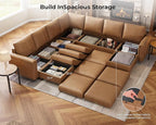 SITJOY 113" Faux Leather Modular Sectional Sofa with Storage, Mid Century Modern Sectional Couches for Living Room, Soft Padded Armrests, 9 Seat V Shaped Sectional Couch with Chaise, Brown