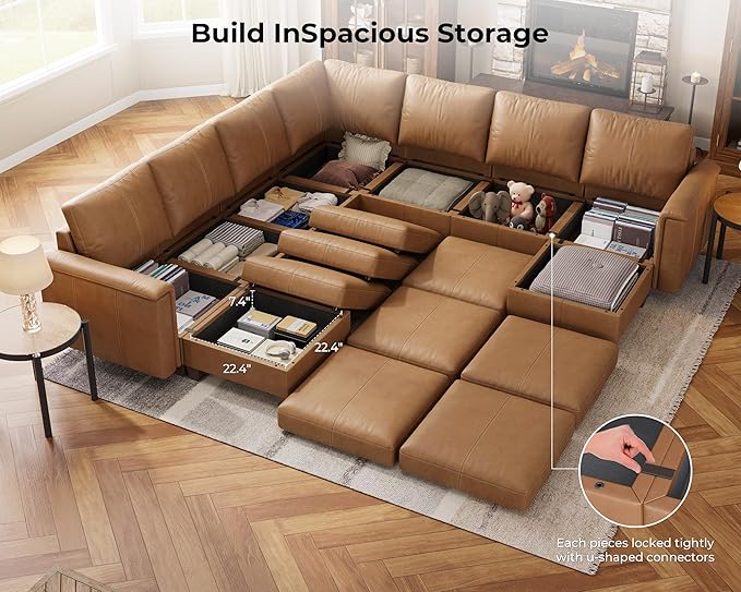 SITJOY 113" Faux Leather Modular Sectional Sofa with Storage, Mid Century Modern Sectional Couches for Living Room, Soft Padded Armrests, 9 Seat V Shaped Sectional Couch with Chaise, Brown