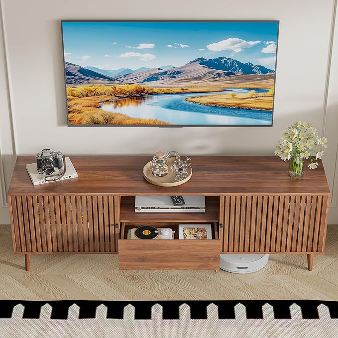 Mid Century Modern TV Stand for Televisions up to 70 Inches, with Sliding Doors and Storage, Television Stands, TV Consoles, Media Consoles for Living Room(Walnut-70inch)