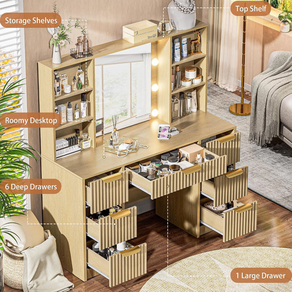 Fluted Vanity Desk with Mirror and 10 Adjustable LED Lights, Modern Makeup De...