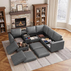 SITJOY 105" Faux Leather Modular Sectional Sofa with Storage, Mid Century Modern Sectional Couches for Living Room, 6 Seat V Shaped Couch with Ottoman and Console Table, Hidden Cupholders, Gray