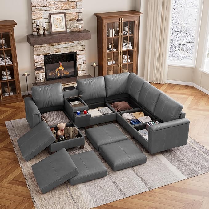 SITJOY 105" Faux Leather Modular Sectional Sofa with Storage, Mid Century Modern Sectional Couches for Living Room, 6 Seat V Shaped Couch with Ottoman and Console Table, Hidden Cupholders, Gray