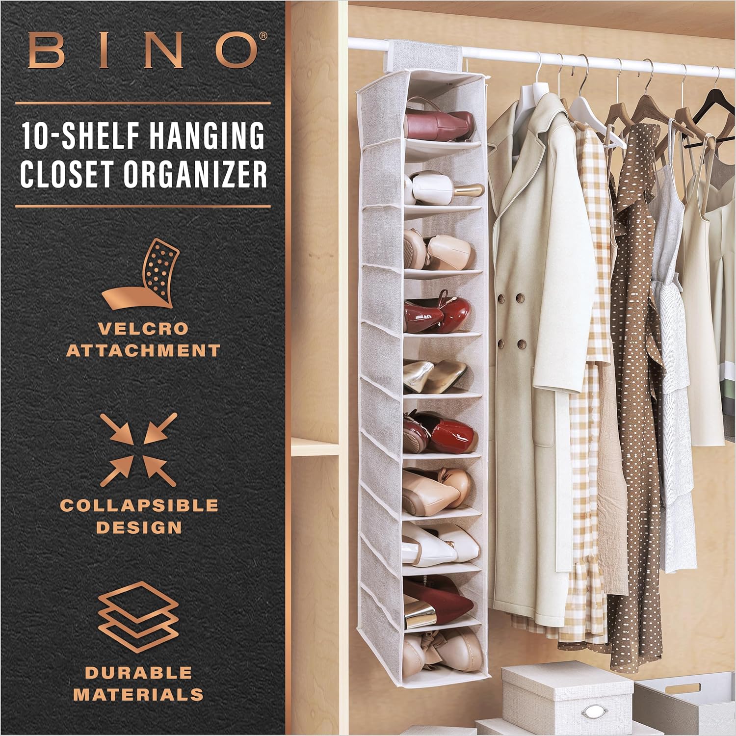 BINO 10-Shelf Shoe Closet Organizer - Beige | Closet Hanging Organizer | Hanging Shoe Rack Storage & Organizer for Bedroom | Hanging Shelves | Portable Closets for Hanging Shoes | Room Essentials