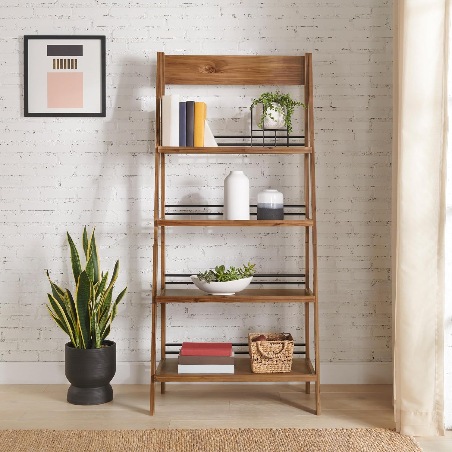 4-Tier Ladder Bookshelf - Freestanding Bookcase with X-Back Frame - Shelves for Living Room, Kitchen, Bedroom, and Office by Lavish Home (Walnut)