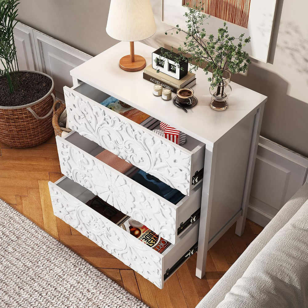 3-Drawer Dresser Chest, Modern Wooden Flower Motif Dressers with Wide Storage...