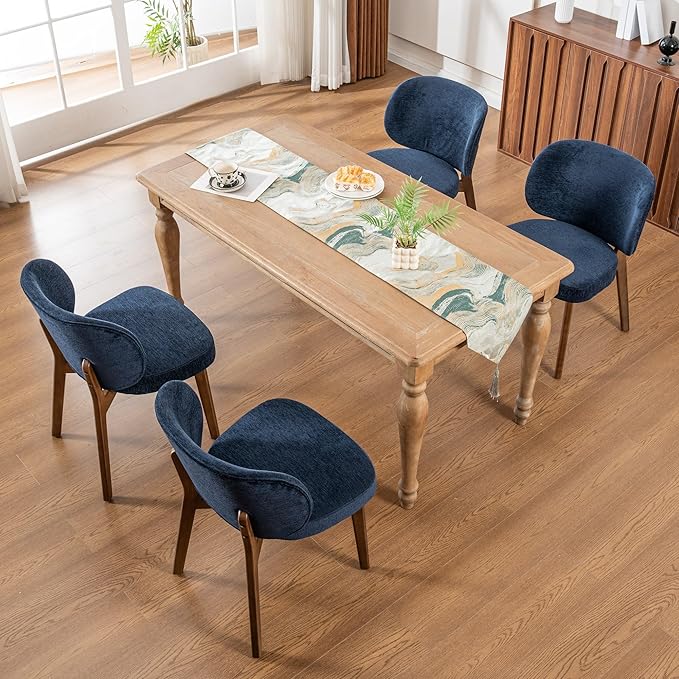 YOUNIKE Dining Chairs Set of 4 Mid Century Modern Kitchen Chair with Back Boucle Fabric Upholstered Armless Chair 20" Wide Padded Seat with Wooden Legs for Kitchen Dining Living Room Bedroom Navy Blue
