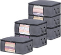 6 Pack Clothes Storage Bags with Zipper, Foldable Blanket Storage Box with Clear Window Reinforced Handles for Closet, Dorm, Pillows, Bedding, Sheet, Comforter, 45L Gray