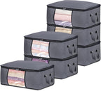 6 Pack Clothes Storage Bags with Zipper, Foldable Blanket Storage Box with Clear Window Reinforced Handles for Closet, Dorm, Pillows, Bedding, Sheet, Comforter, 45L Gray
