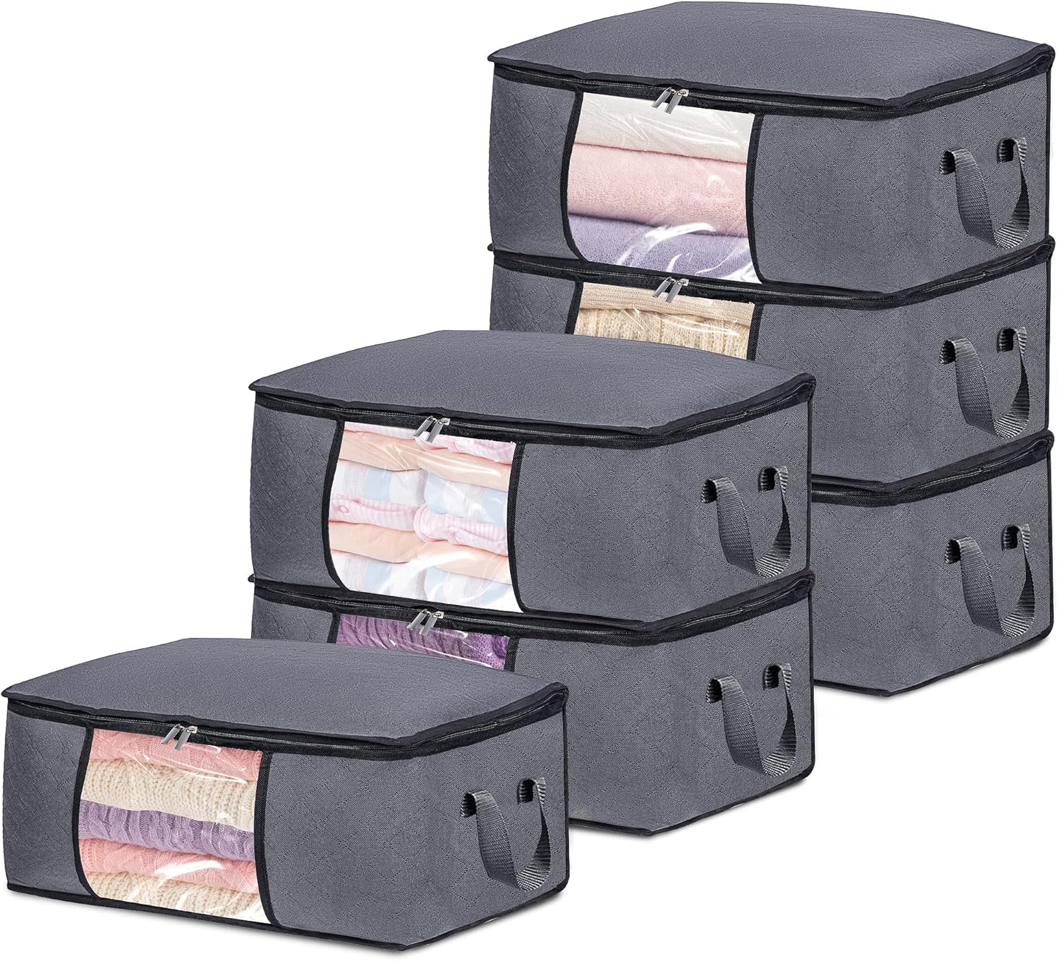 6 Pack Clothes Storage Bags with Zipper, Foldable Blanket Storage Box with Clear Window Reinforced Handles for Closet, Dorm, Pillows, Bedding, Sheet, Comforter, 45L Gray