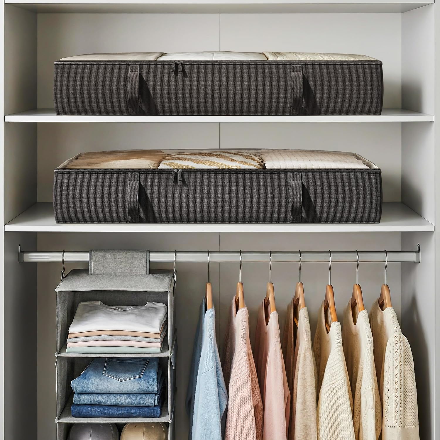 Side-Supported Under Bed Storage Containers, 6 Inch 60L Clothes Storage Bin | Underbed Storage Bin with Sturdy Handles and Sidewalls, Closet Organizer for Clothes, Blankets, Seasonal Items, Black, 2 Pack