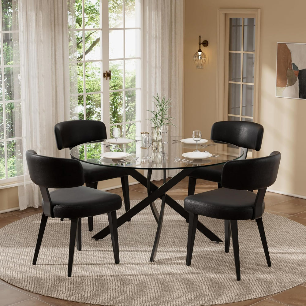 Dining Table Set for 4, 47" Round Kitchen Table with 4 Leather Dining Ch...