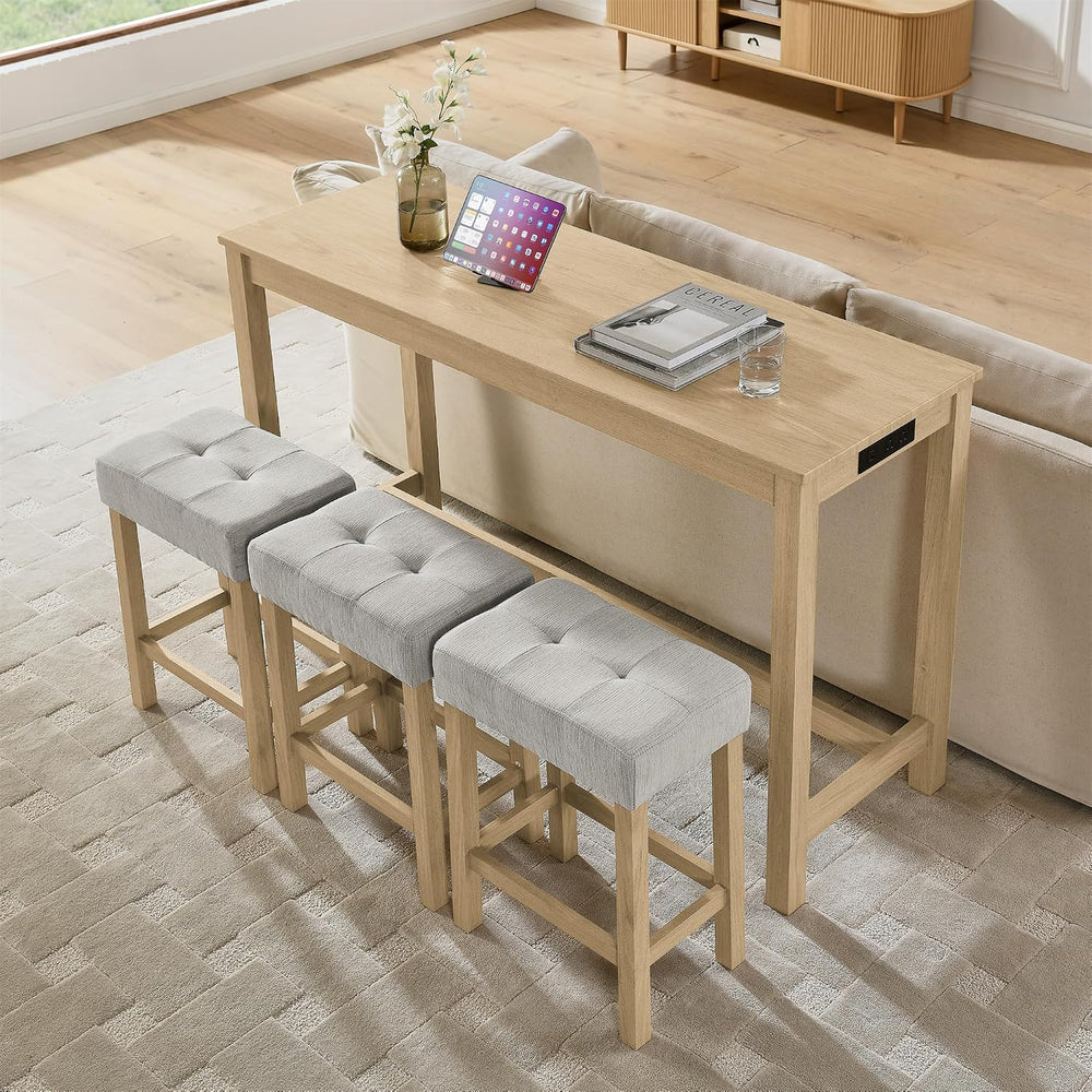 59" Bar Table Set with Power Outlet & 3 Upholstered Stools – 4-Piece...