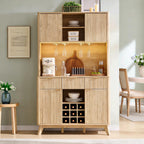OKD 72" Tall Coffee Bar Cabinet, Fluted Wooden Wine Cabinet, Natural Oak | Power Outlets, Led Lights, 4 Stemware Racks, 9 Wine Racks, 3 Drawers, 4 Cabinets, 2 Open Shelf, Home Bar Storage