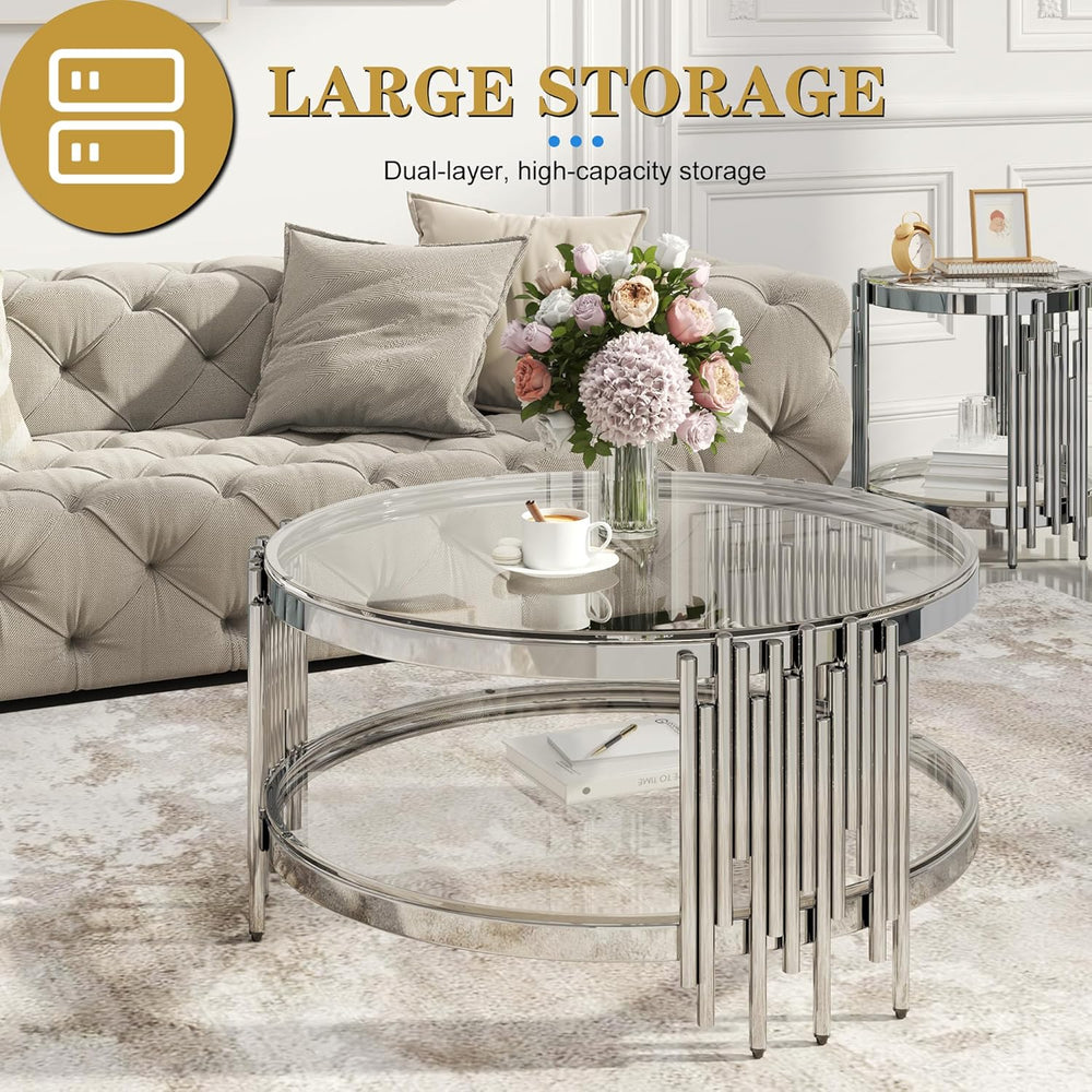 Round Glass Coffee Table Set of 3, Silver and Clear Modern Living Room Table ...