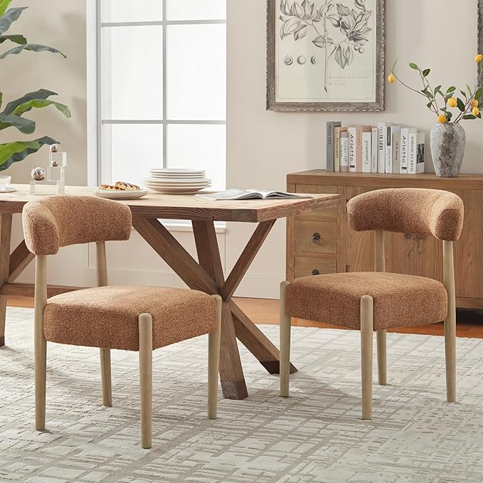 VKNOW Wooden Dining Chairs Set of 2, Modern Upholstered Dining Room Chairs with Rubberwood Legs and Curved Backrest, Fabric Kitchen Chairs for Farmhouse/Living Room/Dining Room, Orange