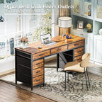 PRAISUN 54 Inch Office Desk with Outlets, Computer Desk with 9 Fabric Drawers, Writing Gaming Work Study Desk for Bedroom, Living Room, Home Office, Large Storage, Rustic Brown