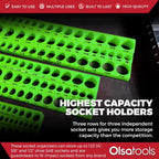 Olsa Tools Magnetic Socket Organizer | 3pc Socket Holder Kit | 1/2-Inch, 3/8-Inch, 1/4-Inch Drive | Socket Organizers For Toolboxes | Green | Holds 123 | Professional-Grade Tool Organizer | Part 1561