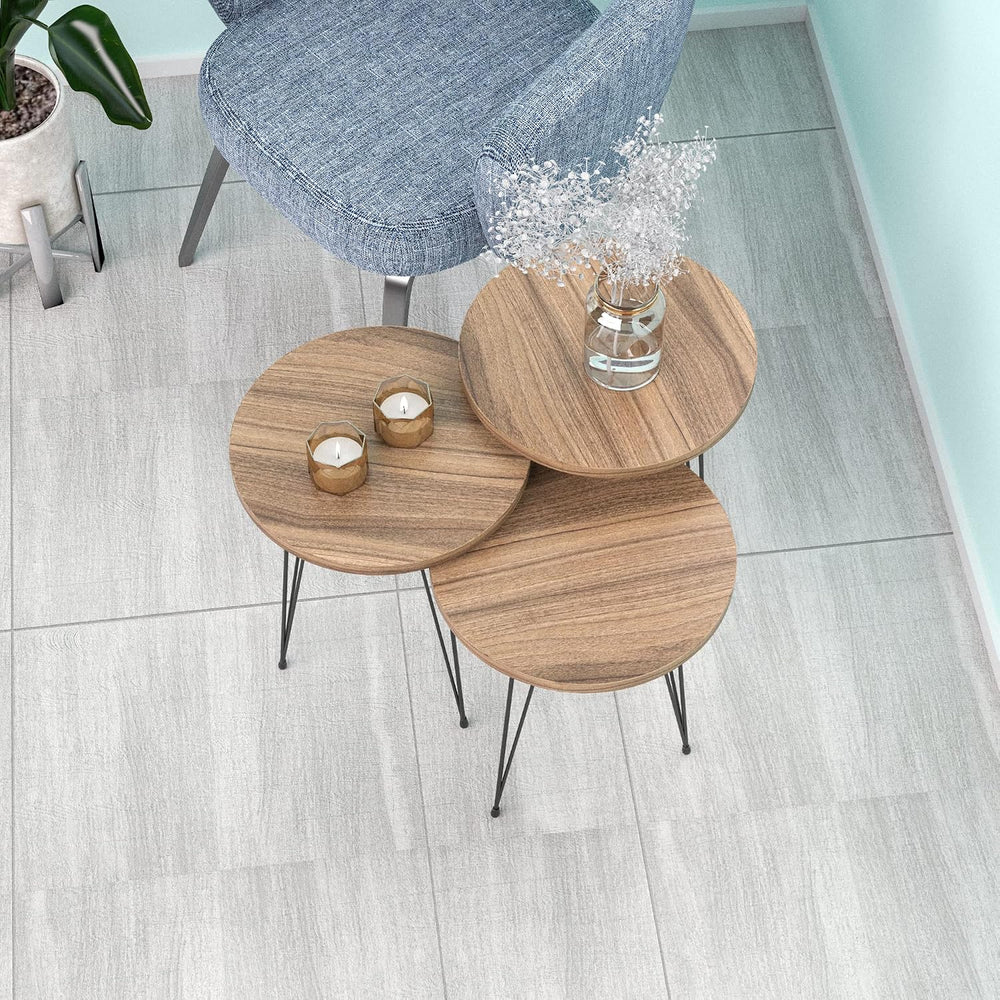 Round Nesting Set of 3, Modern Woodgrain Look Base for Living Room Coffee Tab...