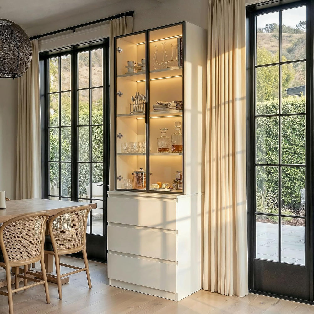 Homsee 92.5" H Lighted Kitchen Pantry Cabinet with 3 Drawers & Glass...