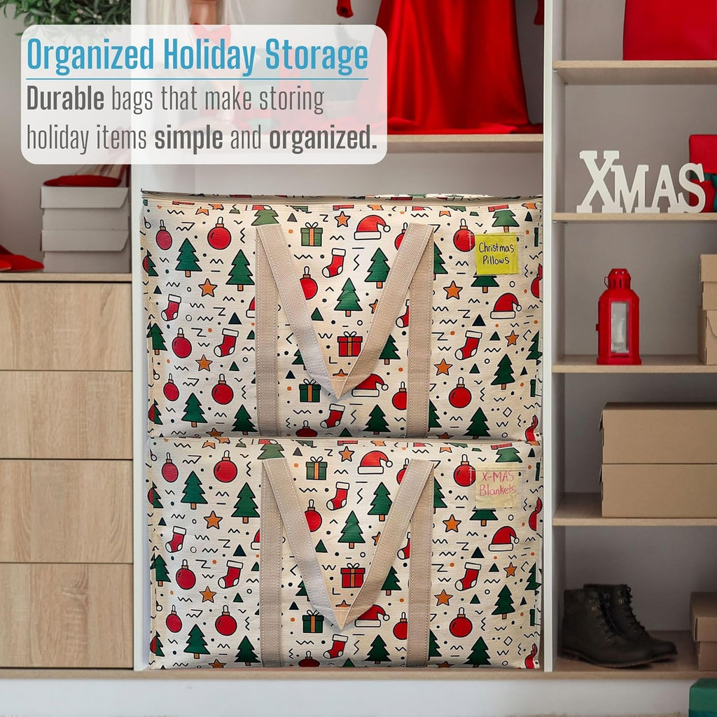 VENO 4 Pack Moving Bags and Large Christmas Storage Bins with lids. Alternative to Moving Boxes, Packing Supplies for College. Extra Large Heavy Duty Totes for Packaging (Jingle Mix, 4 Pack)