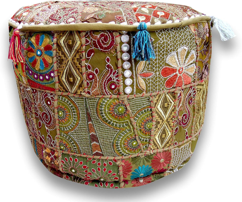 Sophia Art Indian Pouf Stool Vintage Patchwork Embellished with Patchwork Liv...